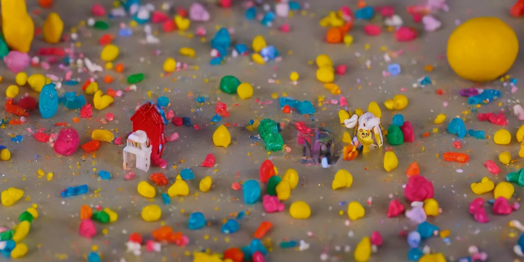 Image similar to a cinematic film still of a claymation stop motion film about a town made of lemons and candy, shallow depth of field, 8 0 mm, f 1. 8