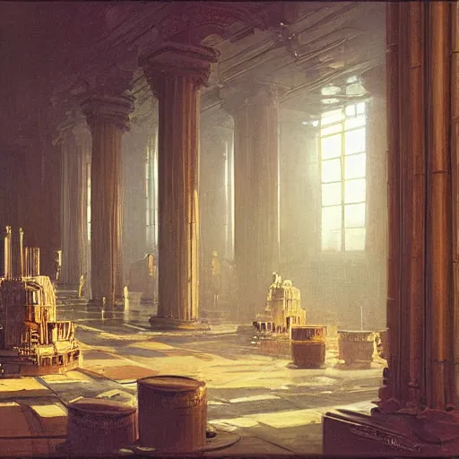 Prompt: painting of a syd mead scifi ancient civilzation victorian computer room with pillars, andreas achenbach. beksinski