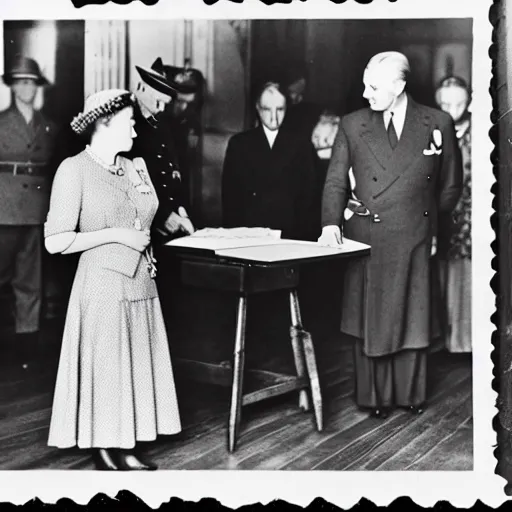 Prompt: 1 9 4 6 historical photo 1 3 5 mm of a single german general signing a peace treaty, a young queen elizabeth holds a corgi and watches the general sign the treaty, french village interior, highly detailed, sharp focus, symmetrical face