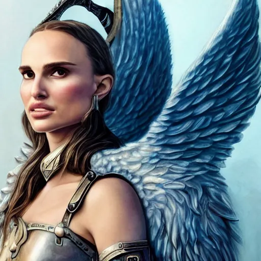 Prompt: portrait of Natalie Portman as a young aasimar angel valkyrie warrior girl maiden wearing comfy leather armor with beautiful feathered angel wings, blue eyes, beautiful face, Emily Ratajkowski, innocent, intricate, elegant, highly detailed, ultradetailed, hyperdetailed, artstation, concept art, smooth, sharp focus, illustration, art by artgerm and greg rutkowski and Rossdraws and Bluesssatan and Mandy Jurgens and alphonse mucha