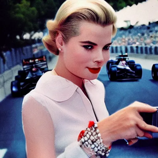 Prompt: selfie smartphone photo of a young Grace Kelly at the 2022 Monaco Gran Prix, F1 cars blurred in background, iphone photo, smartphone resolution, low resolution camera