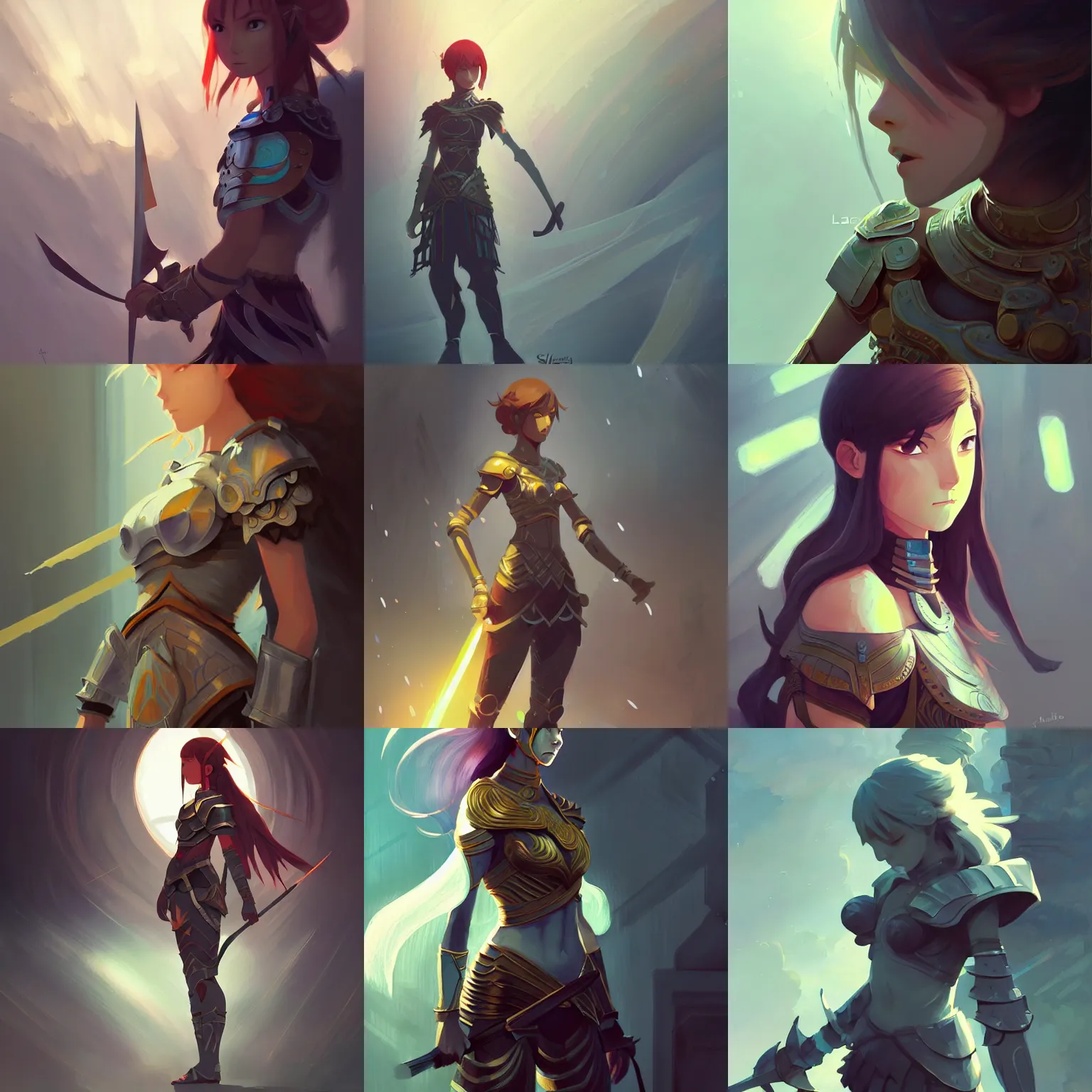 Prompt: female warrior, passion, bravery, intricate armour costumes, light and shadow effects, intricate, digital painting, art station, concept art, smooth, sharp focus, morandi color scheme, illustration, art by makoto shinkai and lois van baarle