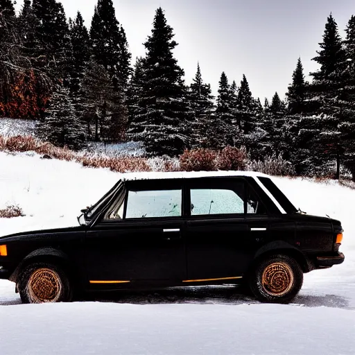 Image similar to a black lada in the snowy mountains, ptomotional photograph, natural, hdr, golden hour