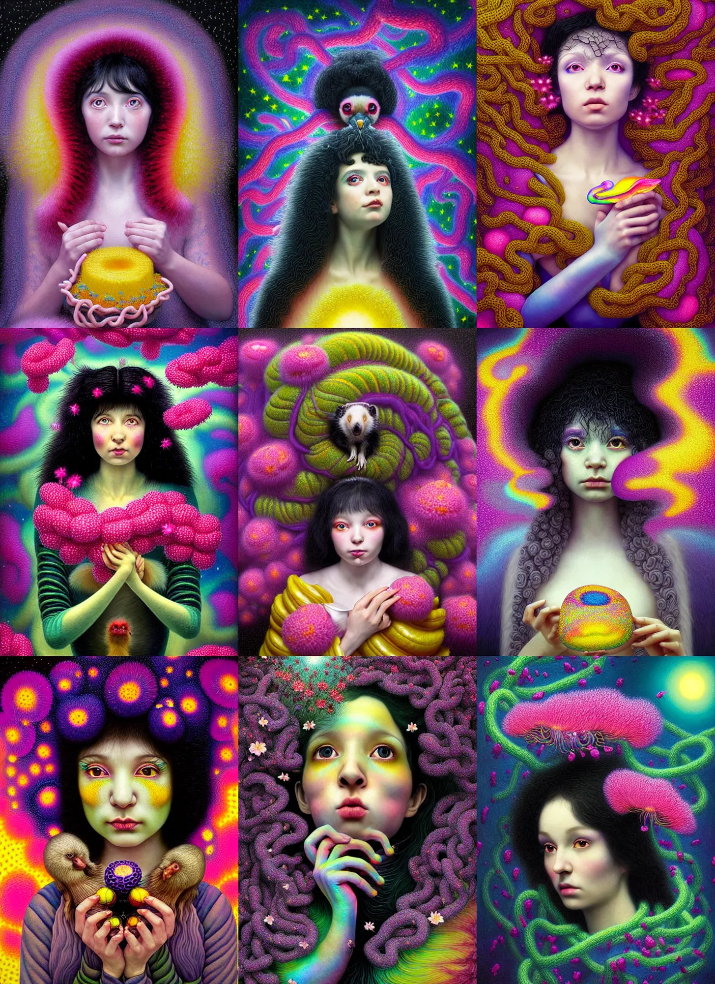 Prompt: hyper detailed 3d render like a Oil painting - kawaii portrait Aurora (curly black raven haired Singer with Ferret) seen Eating of the Strangling network of yellowcake aerochrome and milky Fruit and Her delicate Hands hold of gossamer polyp blossoms bring iridescent fungal flowers whose spores black the foolish stars by Jacek Yerka, Mariusz Lewandowski, Houdini algorithmic generative render, Abstract brush strokes, Masterpiece, Edward Hopper and James Gilleard, Zdzislaw Beksinski, Mark Ryden, Wolfgang Lettl, hints of Yayoi Kasuma, octane render, 8k