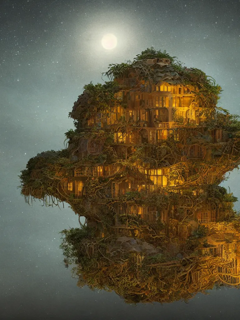 Prompt: the only building hovering over a deserted oasis on a moonlit night in the style of peter merzbacher and jacek yerka, vague picturesque illumination of three - dimensional water bodies