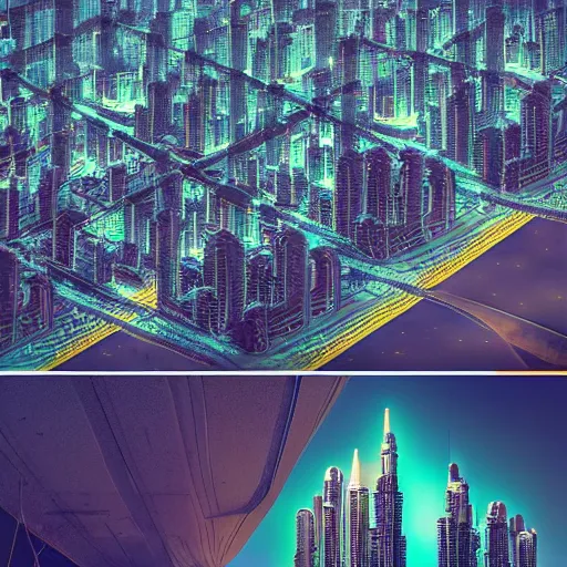 Prompt: a beautiful matte masterpiece of futuristic dubai at night by by atelier olschinsky and moebius, trending on artstation, featured on behance