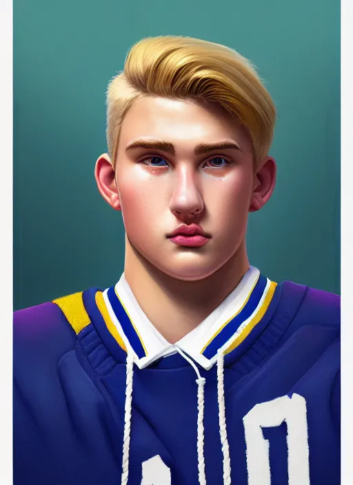 Image similar to portrait of high school senior boy named big moose, blonde short hair, jock, beefy, wide face, square jaw, square facial structure, blue varsity jacket with letter r, intricate, elegant, glowing lights, highly detailed, digital painting, artstation, concept art, sharp focus, illustration, art by wlop, mars ravelo and greg rutkowski