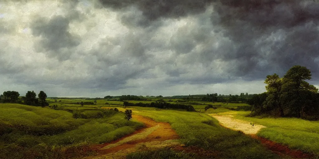 Prompt: a beautiful landscape painting of a path through countryside fields and patches of woodland, storm clouds, by caspar david friedrich, oil on canvas, highly detailed, hd, 4 k