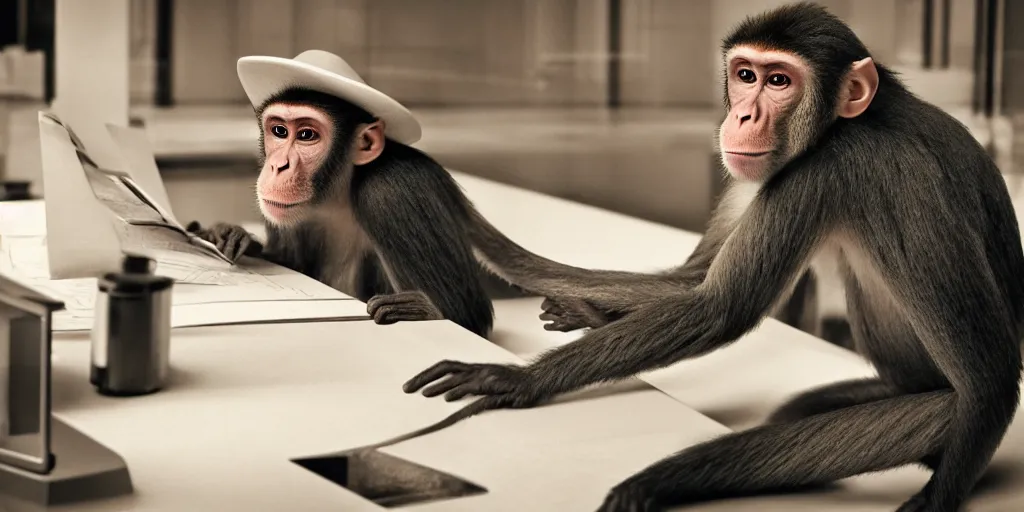 Image similar to monkey working at a bank, monkey clerk, monkey wearing nice hat, cinematic, realistic, high detail