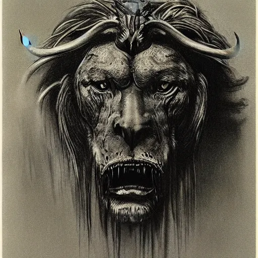 Image similar to creature with with four faces : eagle, bull, man, lion. drawn by zdzislaw beksinski