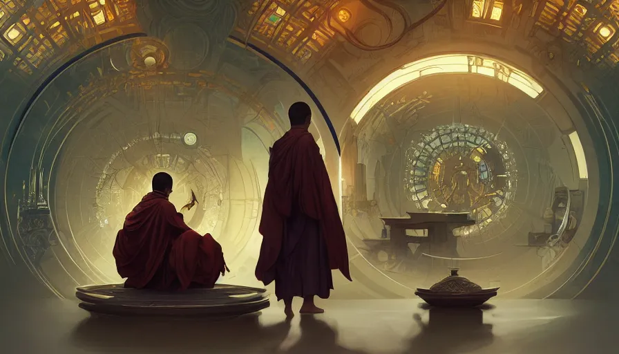 Image similar to a religious scifi room, monk doing tai chi on a floating circular platform in the center, symmetrical shot, center framing, elegant, cinematic shot, intricate digital painting artstation concept art smooth sharp focus illustration, art by artgerm and greg rutkowski and alphonse mucha