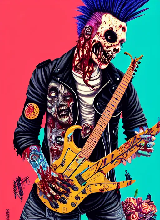 Image similar to a zombie punk rocker with a mohawk playing electric guitar, tristan eaton, victo ngai, artgerm, rhads, ross draws