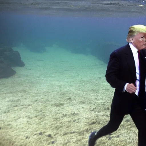 Image similar to dark footage of donald trump walking around the bottom of the ocean