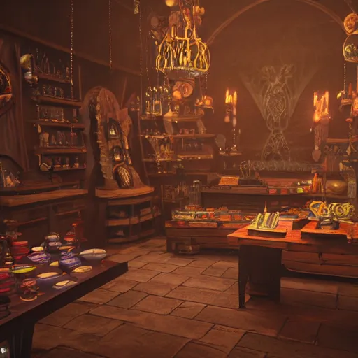 Image similar to inside a magical item shop, fantasy potion vendor interior, ufotable studio art style, gothic interior, 8 k, octane render, unreal engine