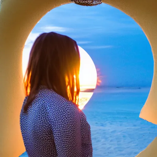 Image similar to a woman facing a oval blue energy portal on the street, which shows a beach at sunset