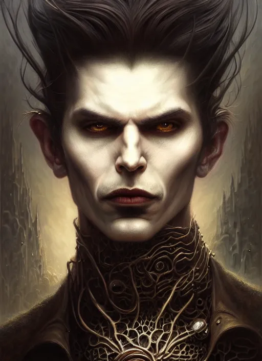 Image similar to portrait shot of a male vampire, a scenic dystopian environment, lovecraftian, intricate, elegant, highly detailed, centered, digital painting, artstation, concept art, smooth, sharp focus, illustration, artgerm, tomasz alen kopera, peter mohrbacher, donato giancola, joseph christian leyendecker, wlop, boris vallejo