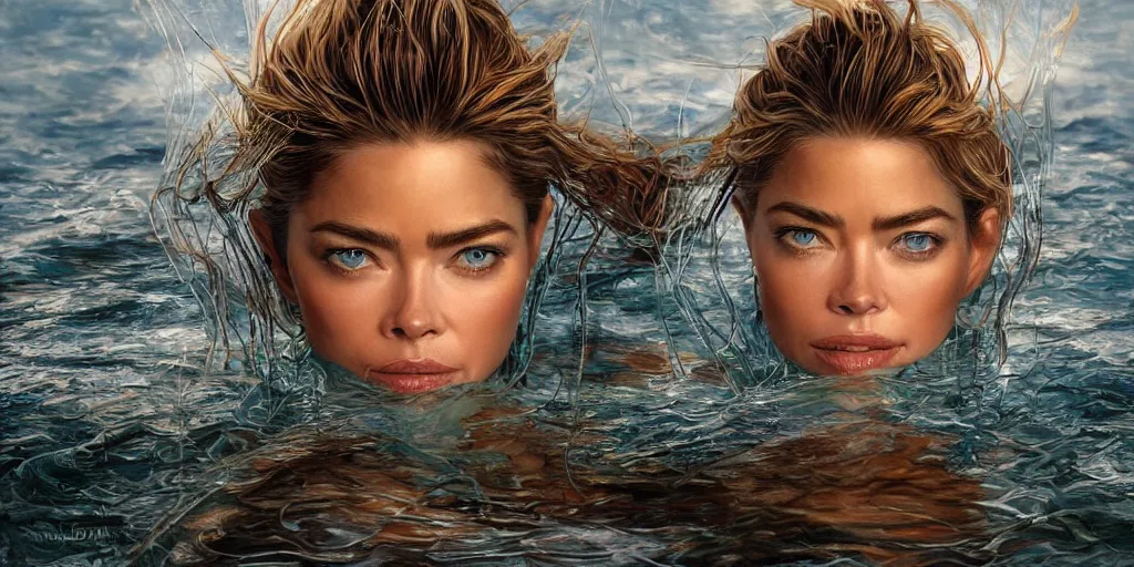 Image similar to hyperrealistic photography of a highly detailed and symmetrical gorgeous denise richards wearing plastic armor bathing in a mountain lake in the style of jin kagetsu, james jean and wlop, highly detailed, face symmetry, highly realistic hands, masterpiece, award - winning, sharp focus, intricate concept art, ambient lighting, 8 k, artstation