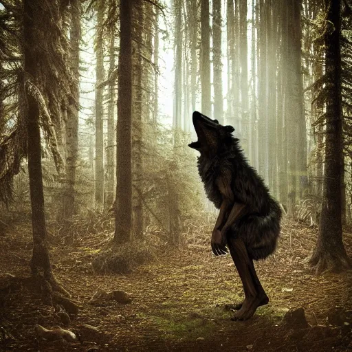 Prompt: standing werecreature consisting of a human and wolf, photograph captured in a forest