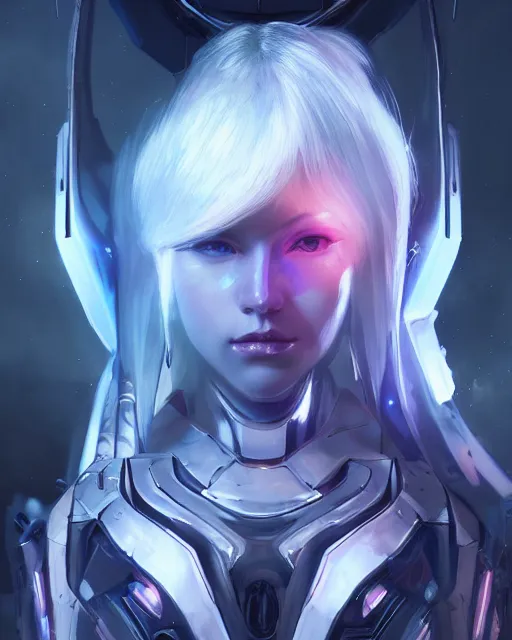 Image similar to perfect android girl on a mothership, warframe armor, beautiful face, scifi, futuristic, galaxy, nebula, raytracing, dreamy, long white hair, blue cyborg eyes, sharp focus, cinematic lighting, highly detailed, artstation, divine, by gauthier leblanc, kazuya takahashi, huifeng huang