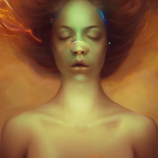 Image similar to a hyperdetailed portrait matte paitning of a beautiful woman blowing iridescent smoke depicted as a nebulous explosion, by vanessa lemen by charlie bowater by ross tran by beeple