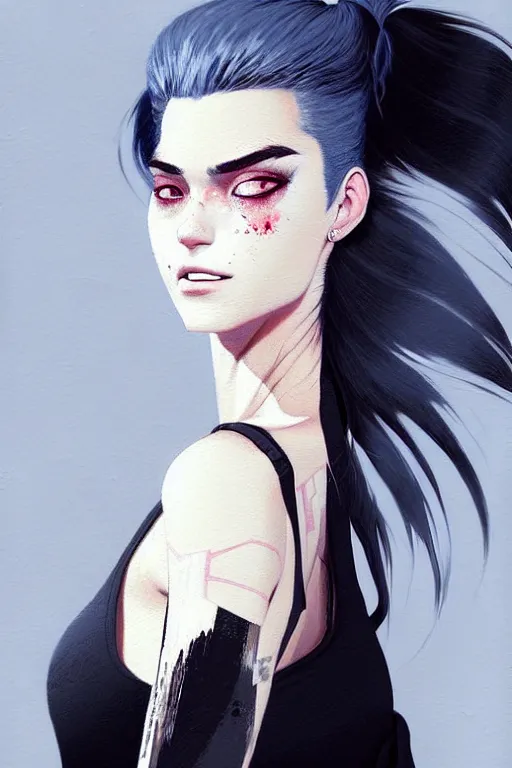 Image similar to a ultradetailed beautiful painting of a stylish woman in with white hair in a ponytail, she is wearing a black tank top and jeans, by conrad roset, greg rutkowski and makoto shinkai trending on artstation