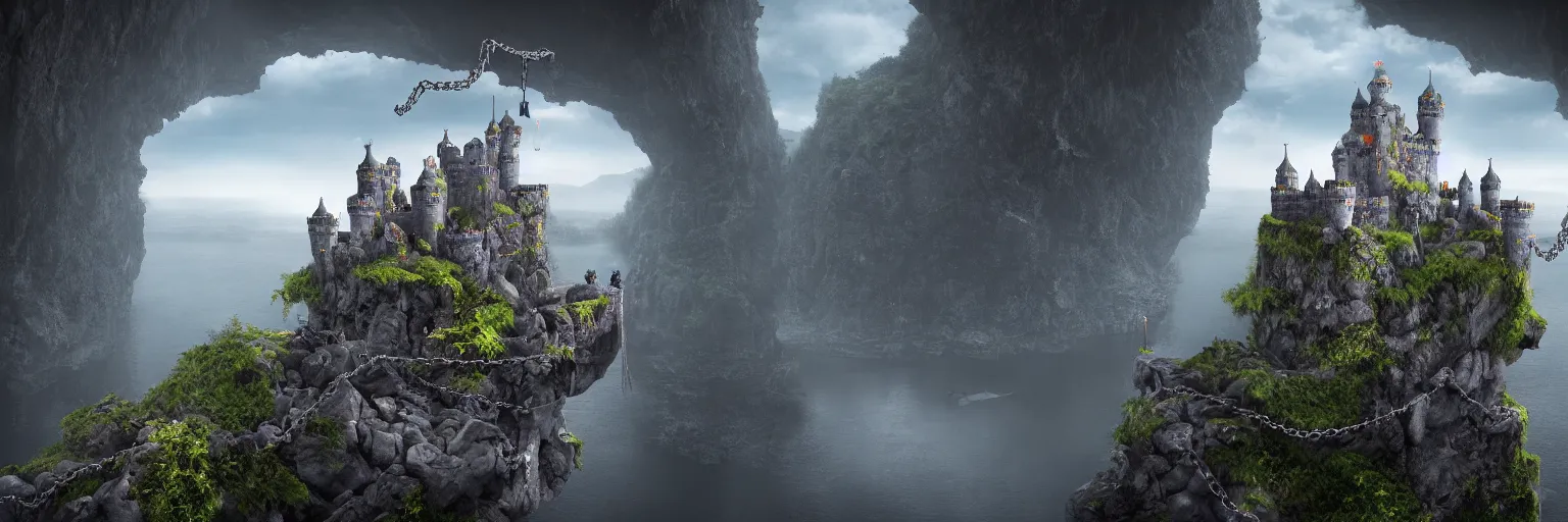 Image similar to hyper realistic cinematic view of floating castle hanging by chains in the air, in between a gorge, below only cloud dark void, 8 k resolution