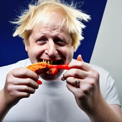 Image similar to boris johnson grinning and eating an ice cream on a hot summer day, patriotic dramatic angle, studio photography