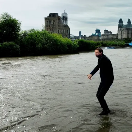 Image similar to thom yorke throwing his computer into the river thames, movie still, highly detailed