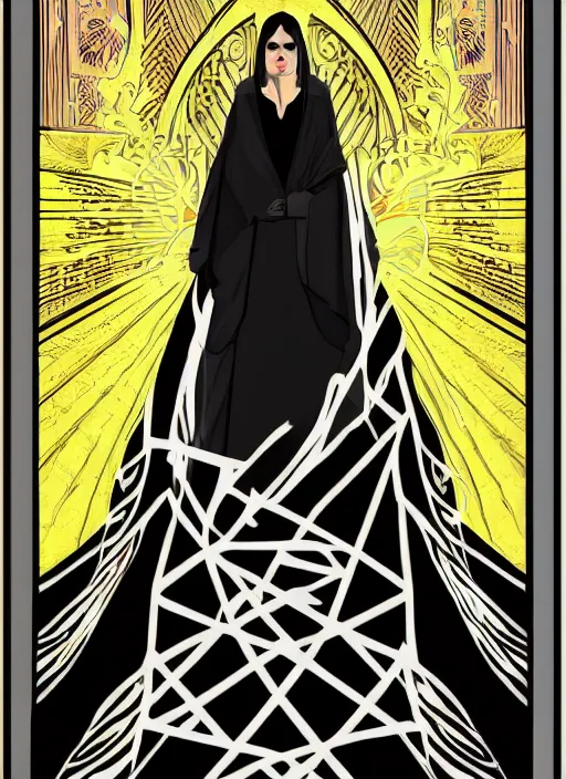 Image similar to digital art illustration of a character wearing a black robe, tarot card art, 4 k, symmetrical portrait