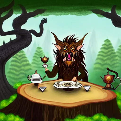 Image similar to fantasy illustration of a manticore at a tea party with a gnome wizard and and ogre knight of the realm. Setting is a forest. Table is a tree stump with a kettle on top