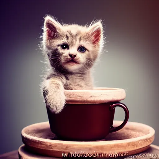 Image similar to beautiful cuddly kitten inside a cup, photo studio, professional photo, professional lighting, sunlight, trending on instagram, hdr, 8 k