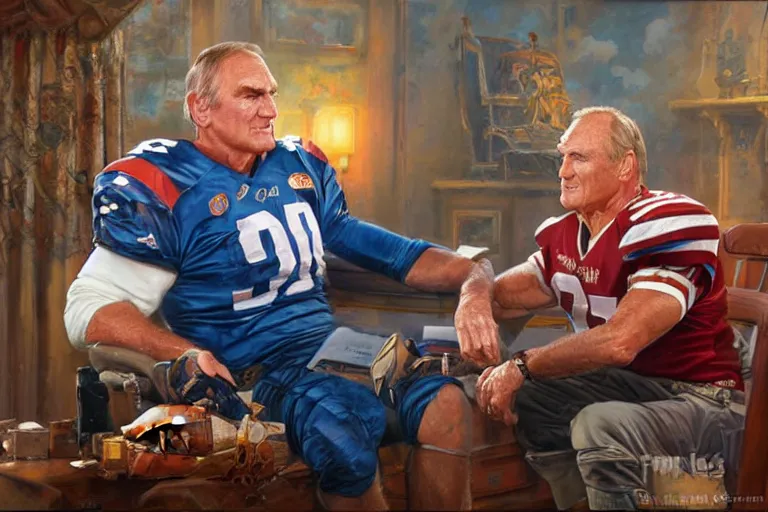 Image similar to portrait of jerry van dyke and craig t nelson planning football, an oil painting by ross tran and thomas kincade