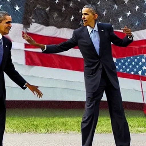 Image similar to obama fighting obama while obama watches from a distance with obama and also there's obama and obama and obama