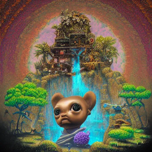 Prompt: wide angle dynamic portrait of a chibbi dogon priest in an african zen garden with a waterfall! and a golden ornate steampunk portal, amigurumi by mark ryden and todd schorr and mark davis and zdislaw beksinski in a surreal lowbrow style, digital paint, matte paint, vivid synthwave colors, breathtaking landscape