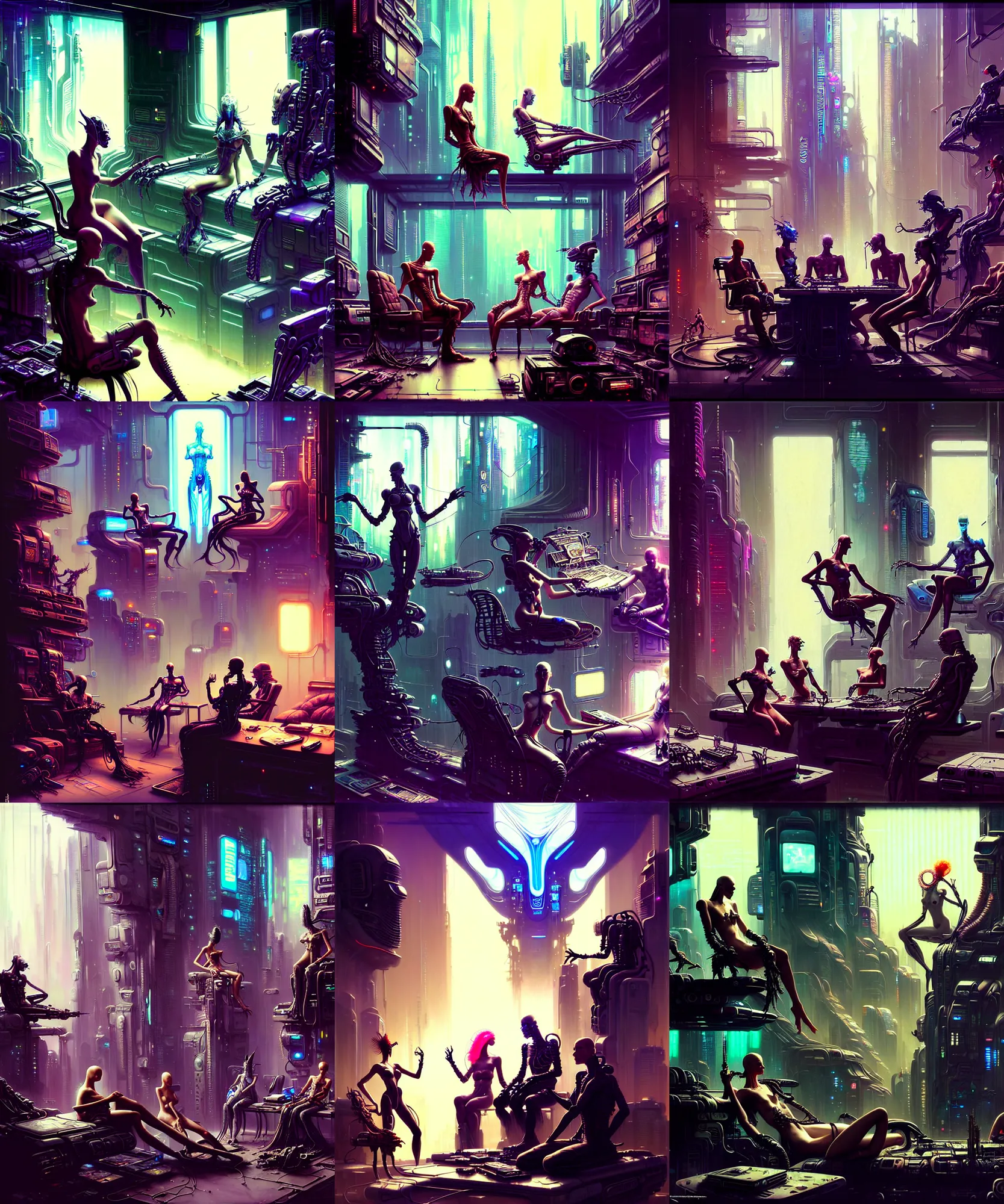 Prompt: beautiful cyberpunk people sitting around a messy room, character portrait, ultra realistic, sci fi city, wide angle, intricate details, the fifth element artifacts, highly detailed by peter mohrbacher, hajime sorayama, wayne barlowe, boris vallejo, aaron horkey, gaston bussiere, craig mullins