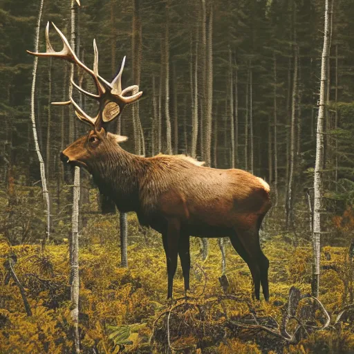 Prompt: an elk made of vines and branches stands in the middle of a dark forest