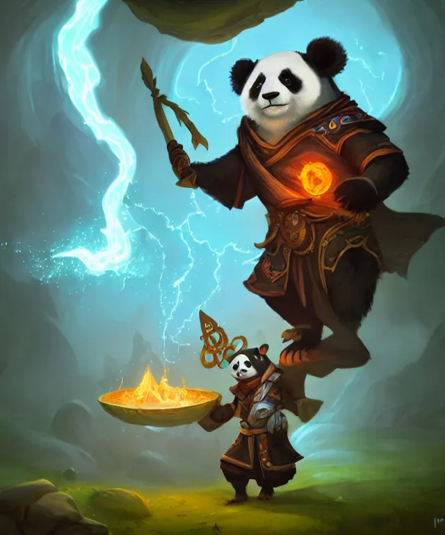 Image similar to a portrait an anthropomorphic panda mage casting a spell, wearing mage robes, landscape in background, cute, dnd character art portrait, by world of warcraft and peter mohrbacher, cinematic lighting