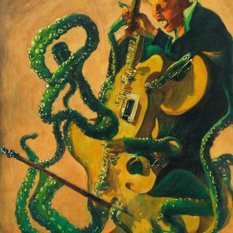 Prompt: a beautiful painting by dean cornwell of an octopus playing drums and telecaster guitar in a rock concert, dark background, green concert light, dark mood