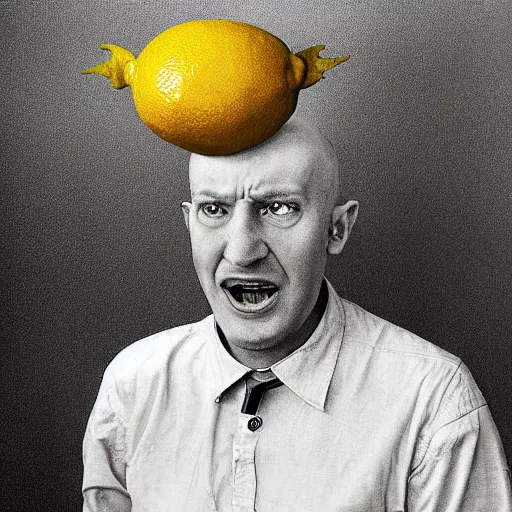 Image similar to a man with a lemon head and devil horns sorts an archive, realistic photograph, dark