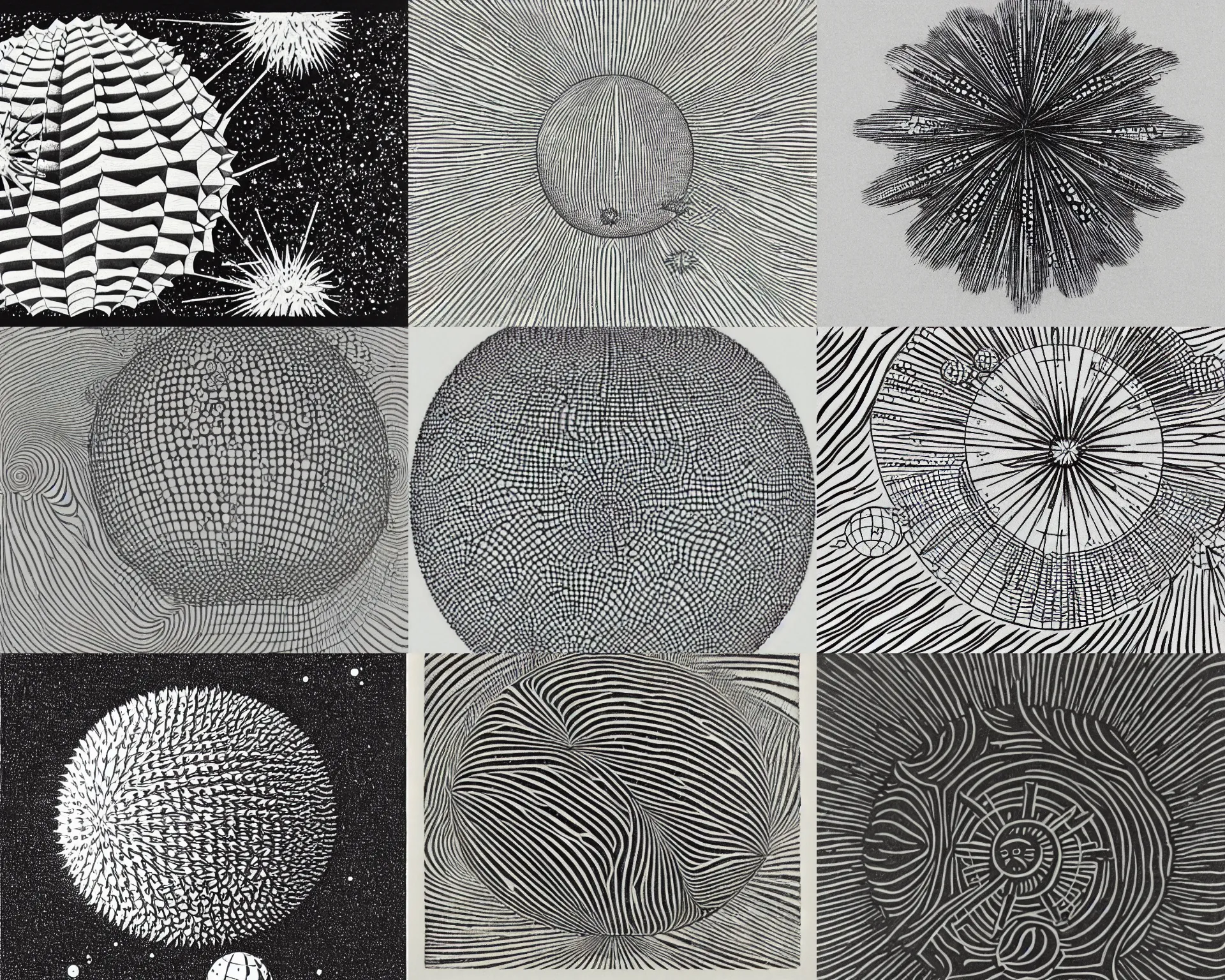Prompt: a sea urchin floating in outer space, drawn by m. c. escher and damien hirst and gustav klimt. woodblock, monochrome, 3 d, geometric, lithograph, black background, hd