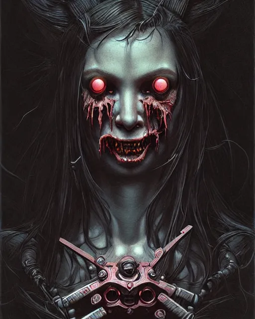 Image similar to d. va from overwatch, character portrait, portrait, close up, concept art, intricate details, highly detailed, horror poster, horror, vintage horror art, realistic, terrifying, in the style of michael whelan, beksinski, and gustave dore