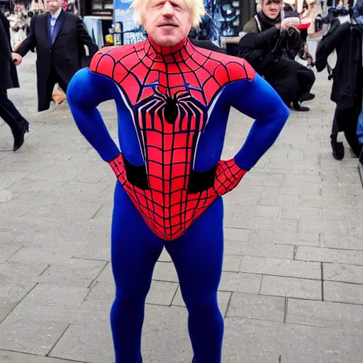 Prompt: boris johnson wearing a spider - man suit