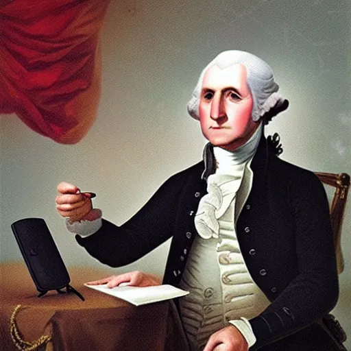 Prompt: george washington playing his gameboy, trending on cgsociety