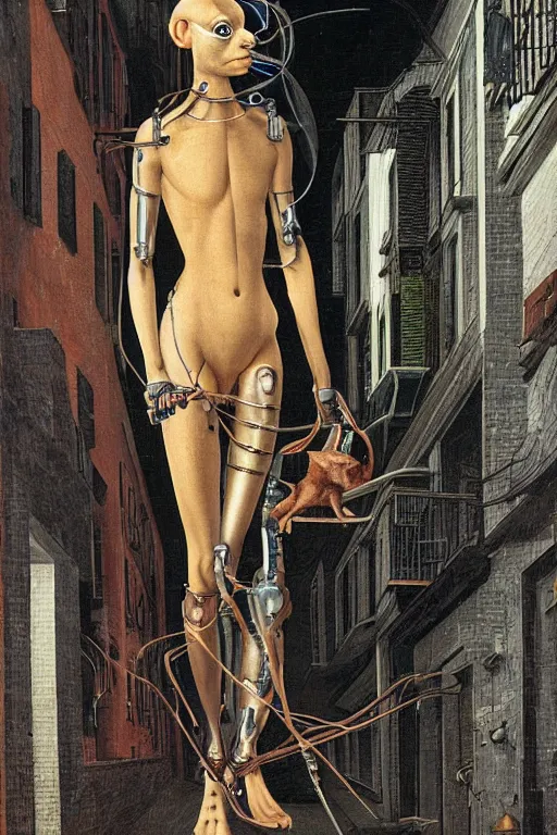 Image similar to a cyborg! sphynx cat!!, in a cyberpunk alleyway by sandro botticelli