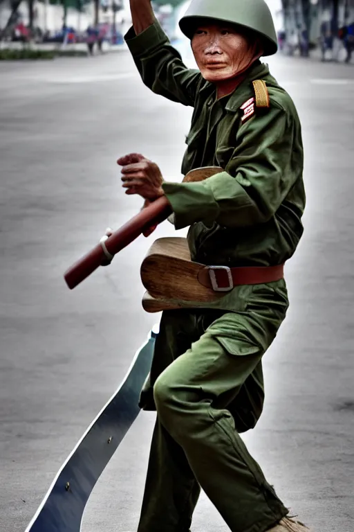 Prompt: vietnam soldier with skateboard, pulitzer award, big close up, captured by nikon d 8 5 0, 4 k, body features, face features, bokeh, proportional, object features, by daniel berehulak and adnan abidi and preston gannaway