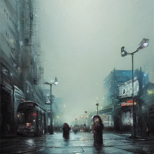 Image similar to dark city bus stop, painted by greg rutkowski, oil painting