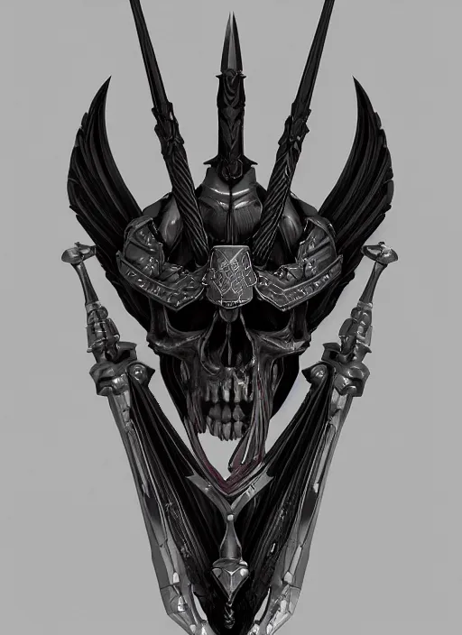 Prompt: a black and silver sword skull crest, orthographic, ornament, weapon, a 2 d render by dom qwek, front side, concept art, trending on polycount, artstation, hard surface modeling, rendered in maya, zbrush, hd, vray, blizzard, symmetry