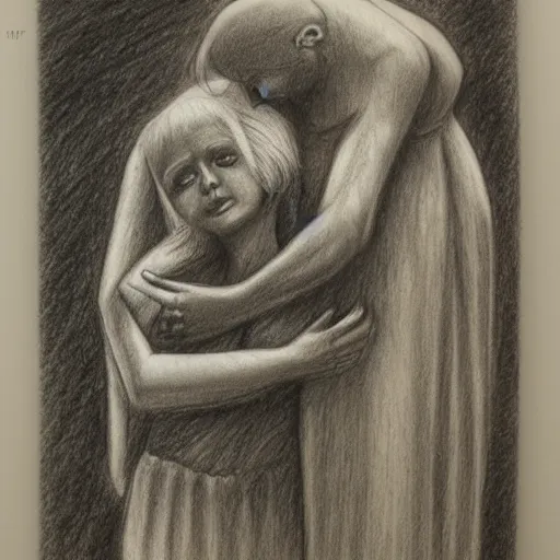Image similar to mummy put her hand on the man's head, pencil drawing, engraving, simple