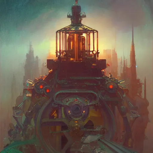 Prompt: a highly detailed oil painting of an imagination machine, concept art, artstation, cgsociety, very detailed, intricate, detailed illustration, by greg rutkowski and alphonse mucha, Paul Lehr and Beeple, iridescent accents, ray tracing, product lighting, sharp, smooth, masterpiece, cinema 4D