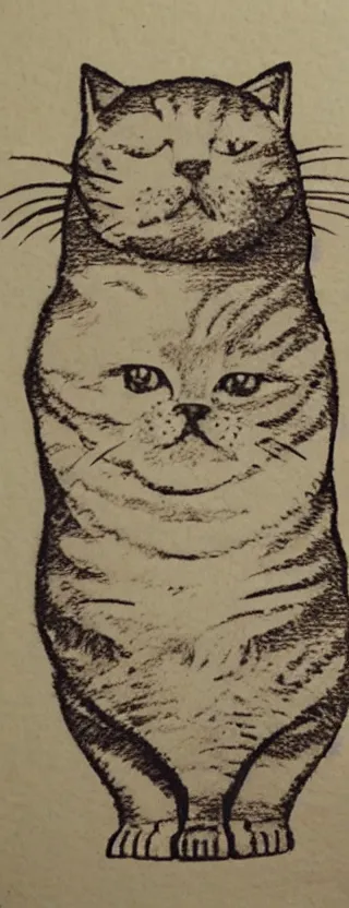 Prompt: woodblock etch of the most chubby cute cat ever, this cute chunky monster has rolls, epic cat